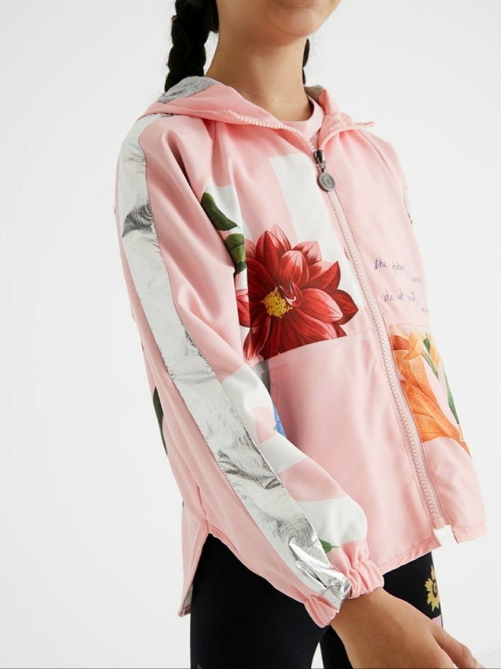Desigual Pink Floral Hooded Bomber Jacket with Silver Accents